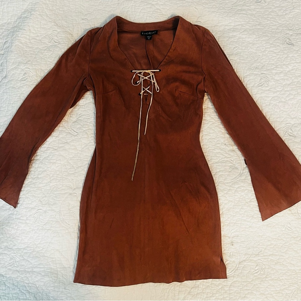 bebe Rust Long Sleeve Lace-Up Dress